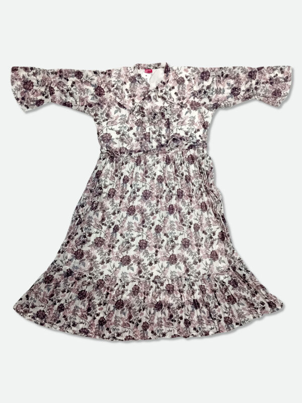 Georgette One Piece Dress in White, Brown and Gray Color
