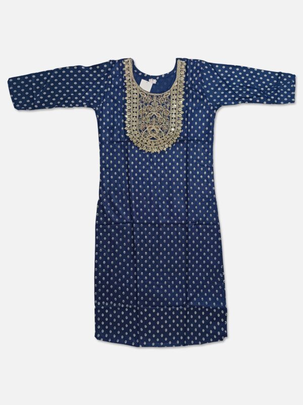 Cotton Kurti Dress in Dark Navy Blue Color with Embroidery Work on Neck
